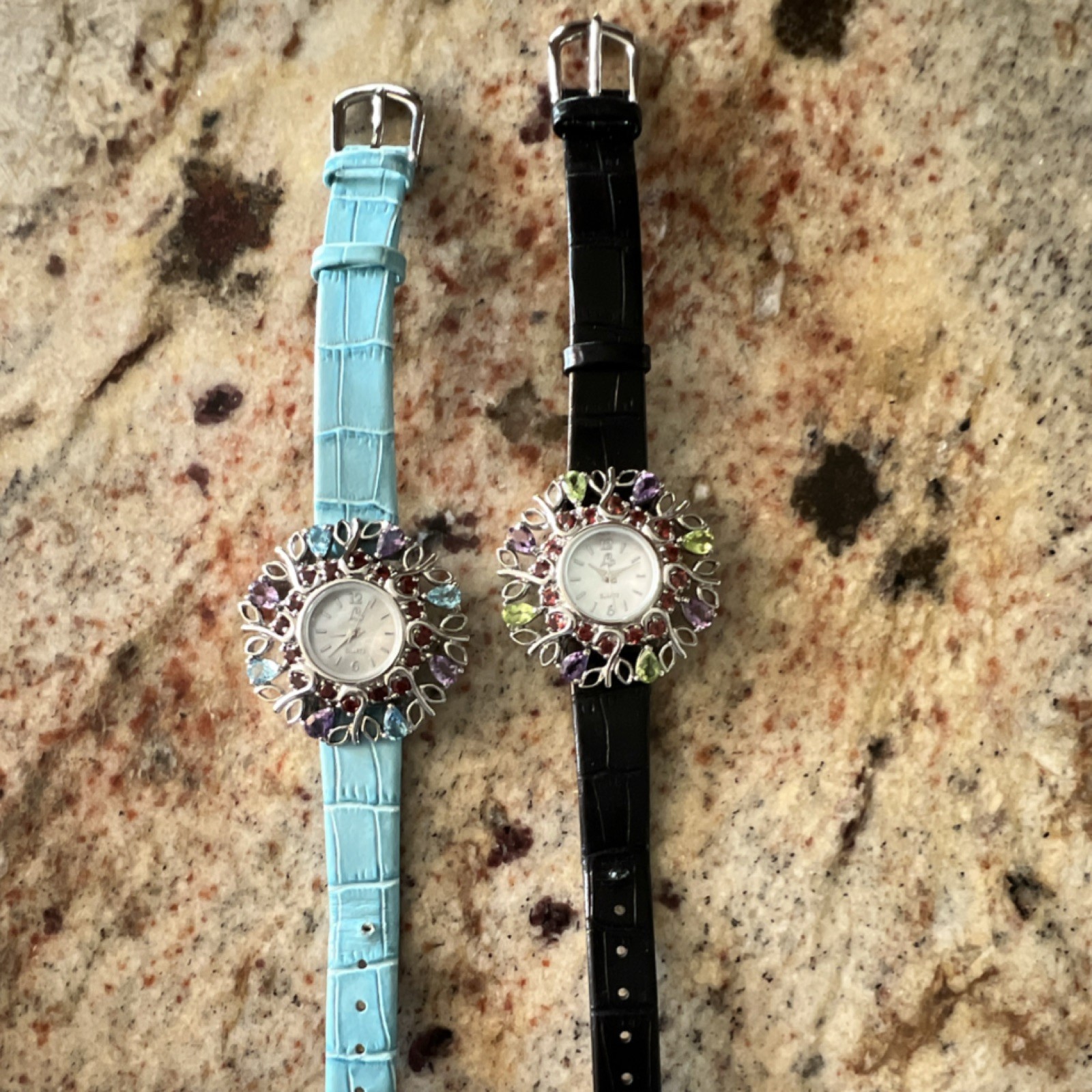 Women’s Gem-Set Quartz Wristwatch Silver Case White Dial Blue & Black Strap