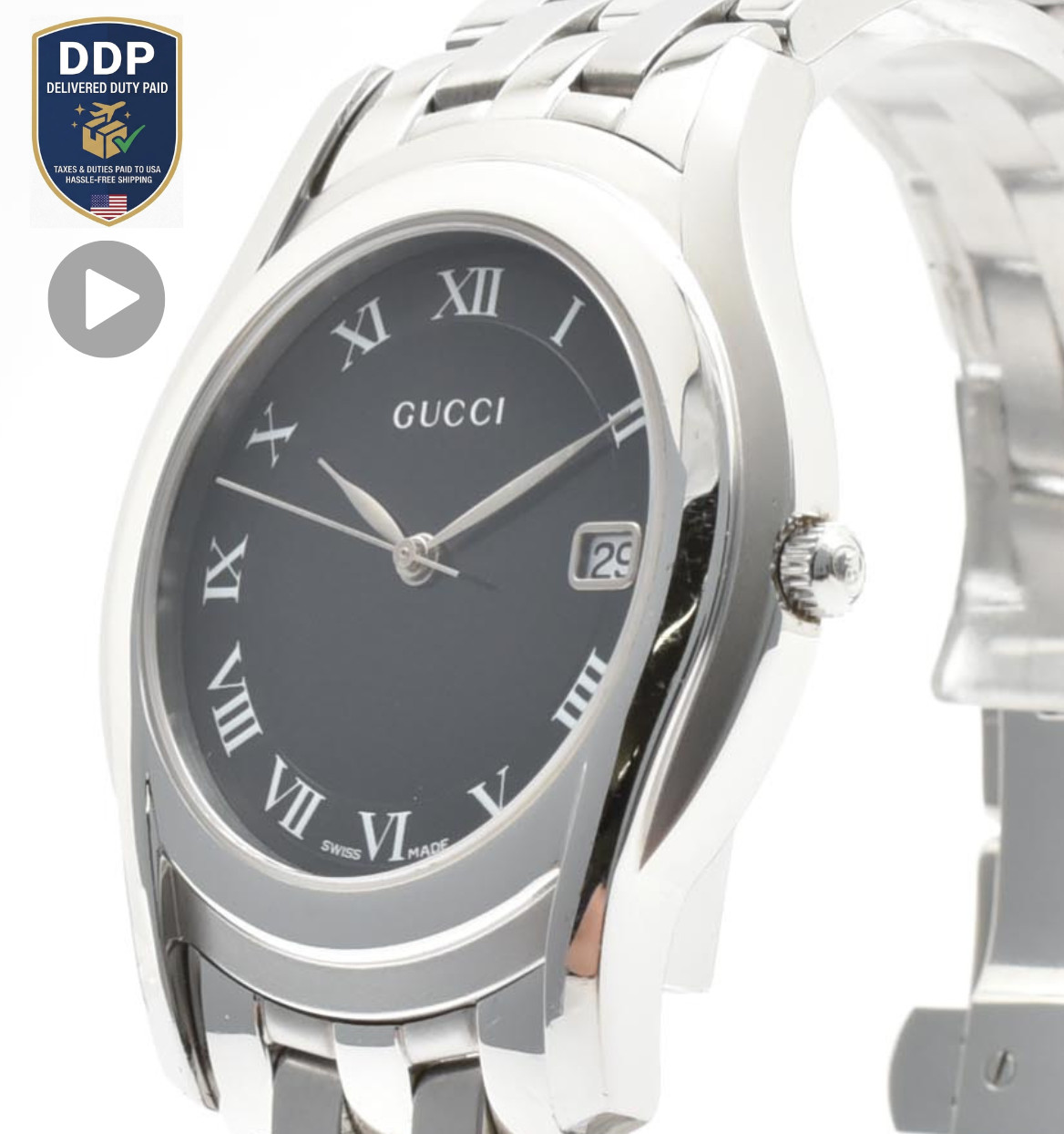 [NEAR MINT] GUCCI 5500M Quartz Black Roman Dial Silver Stainless Men Watch 18cm