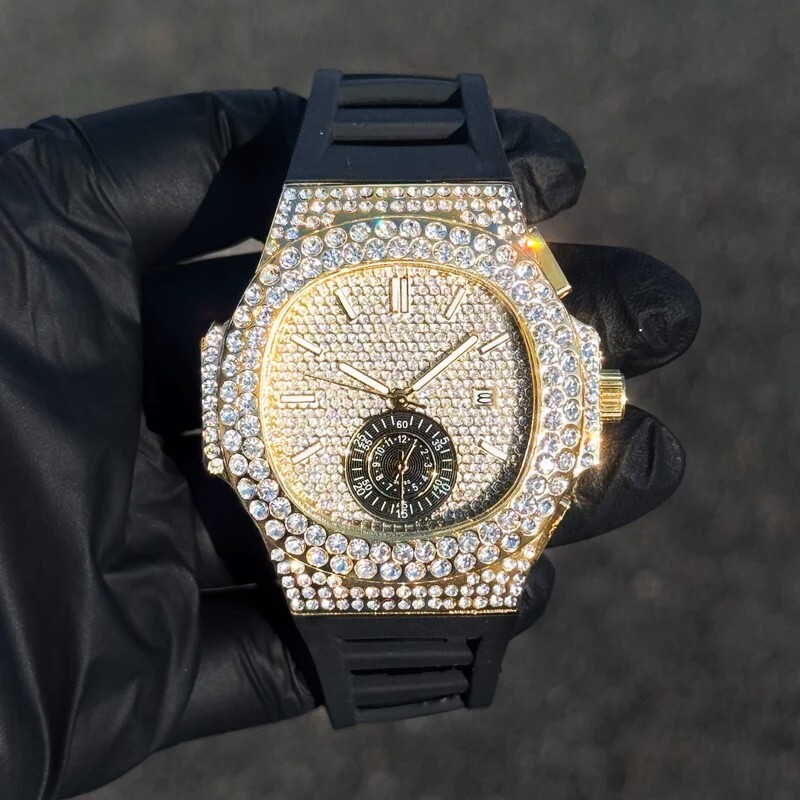 Men’s Watch Silicone Band Diamond Iced Oblong Bezel Quartz Movement Luxury