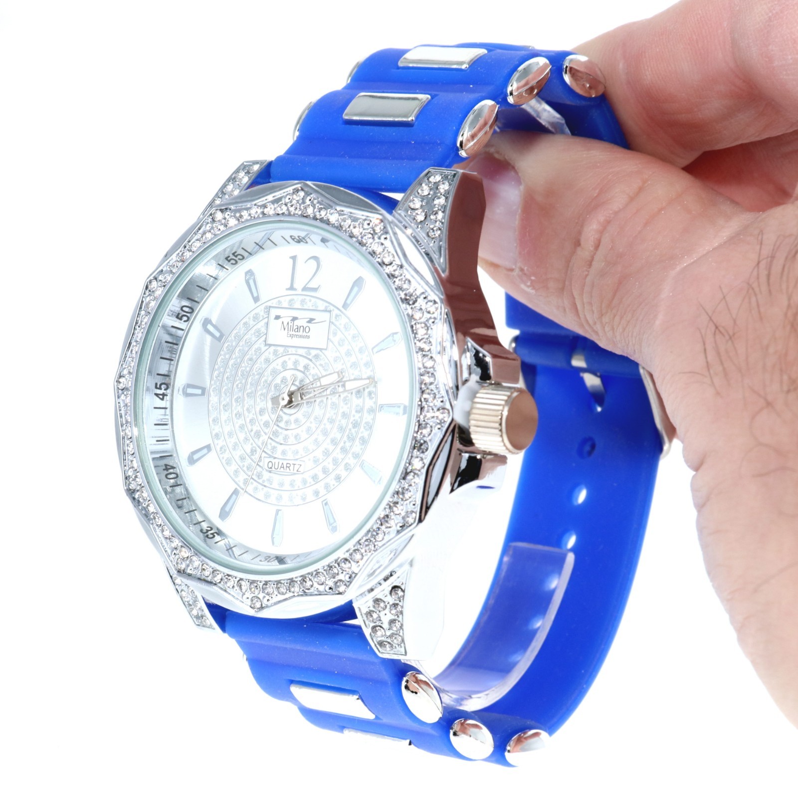 Men Gold Silver Fully Iced Bling Bezel Blue Silicon Bullet Band Hip Hop Watch