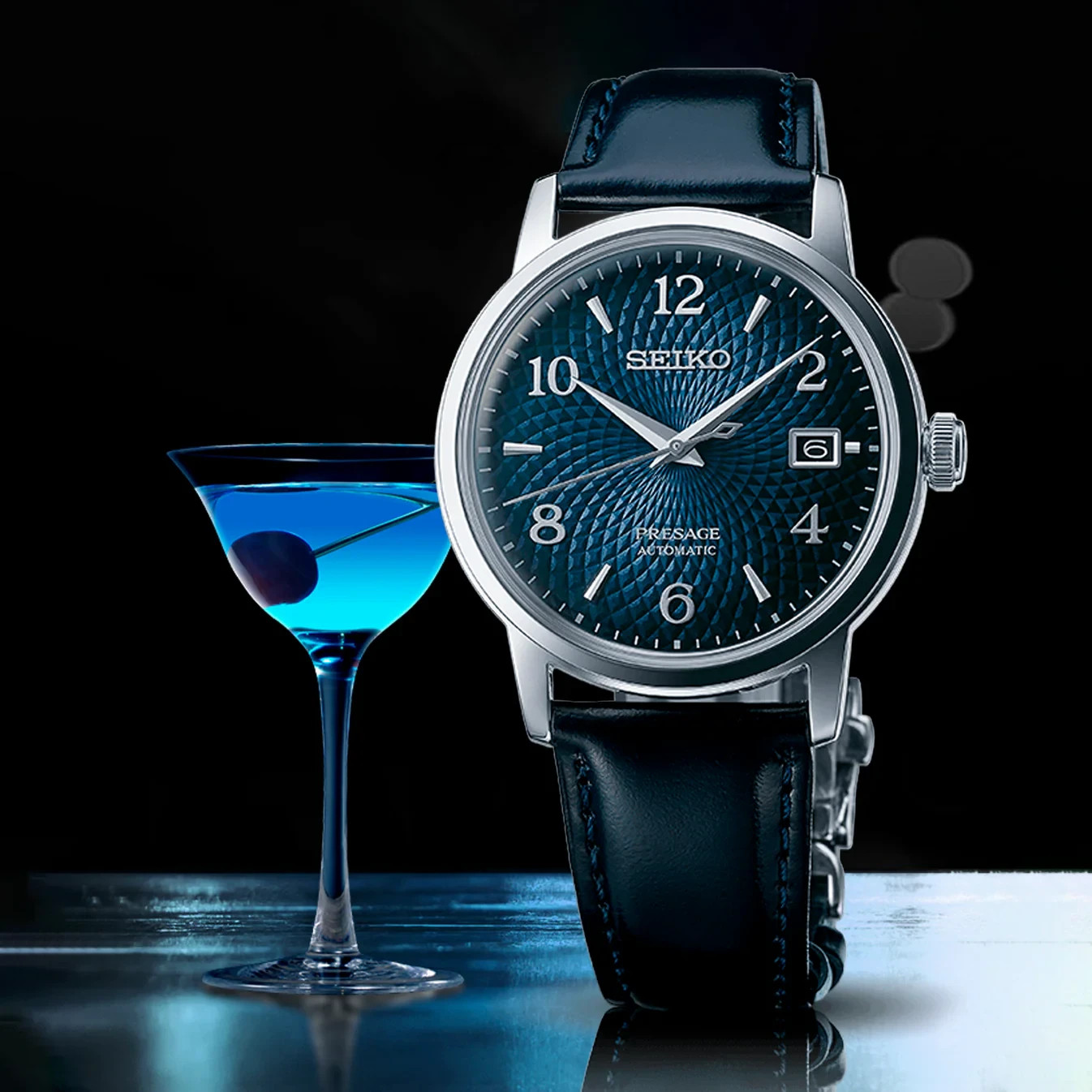 Seiko Presage Cocktail Time Automatic Leather Strap Blue 38.5 mm Watch – SRPE43