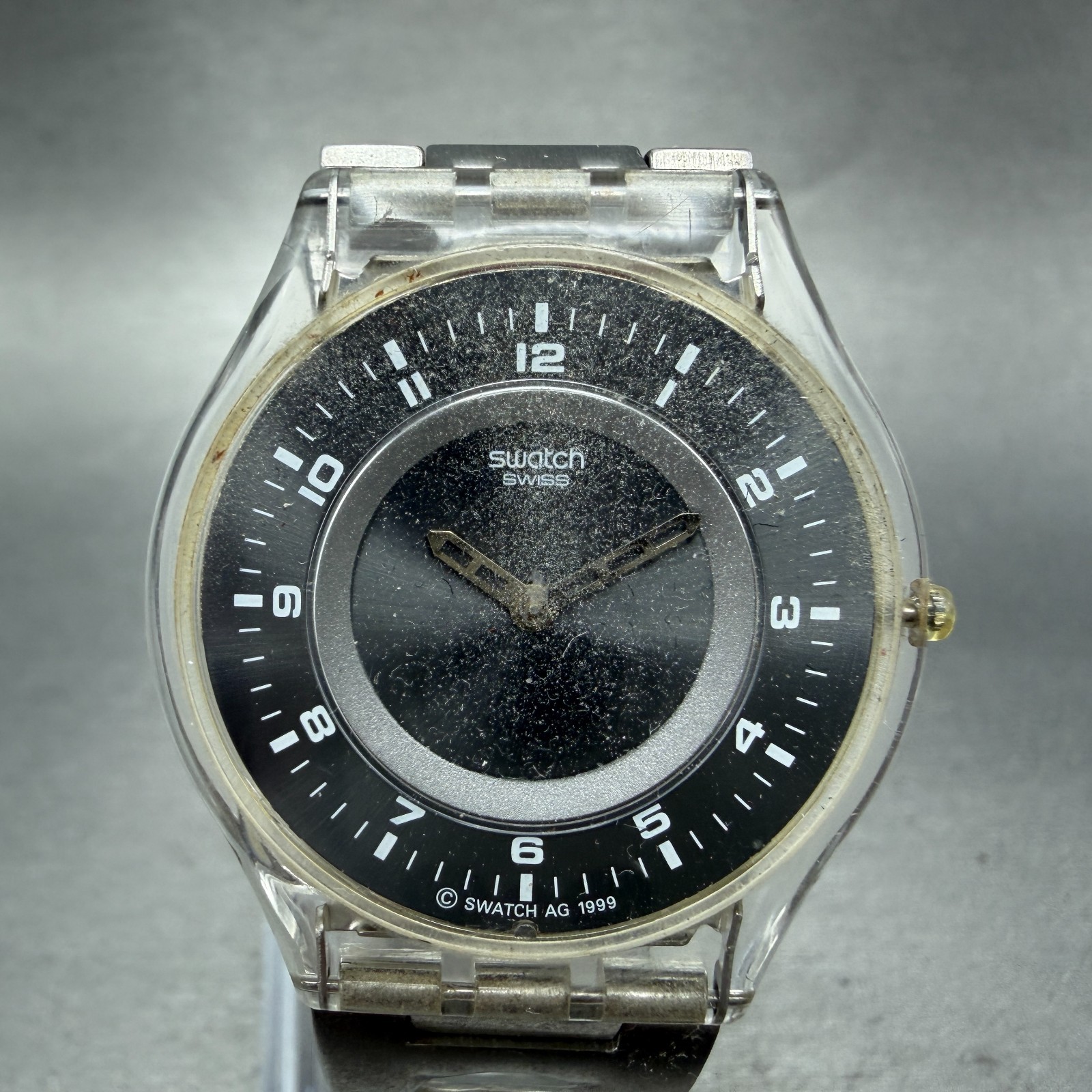 Swatch Skin Simple Like Watch Men 34mm Gray Dial Clear Case Round New Battery A