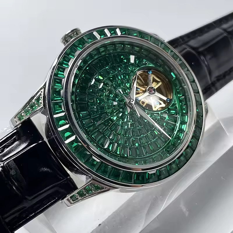 🔥USA🔥PINDU Men’s Automatic Watch Mineral Glass Green Black Leather P5037