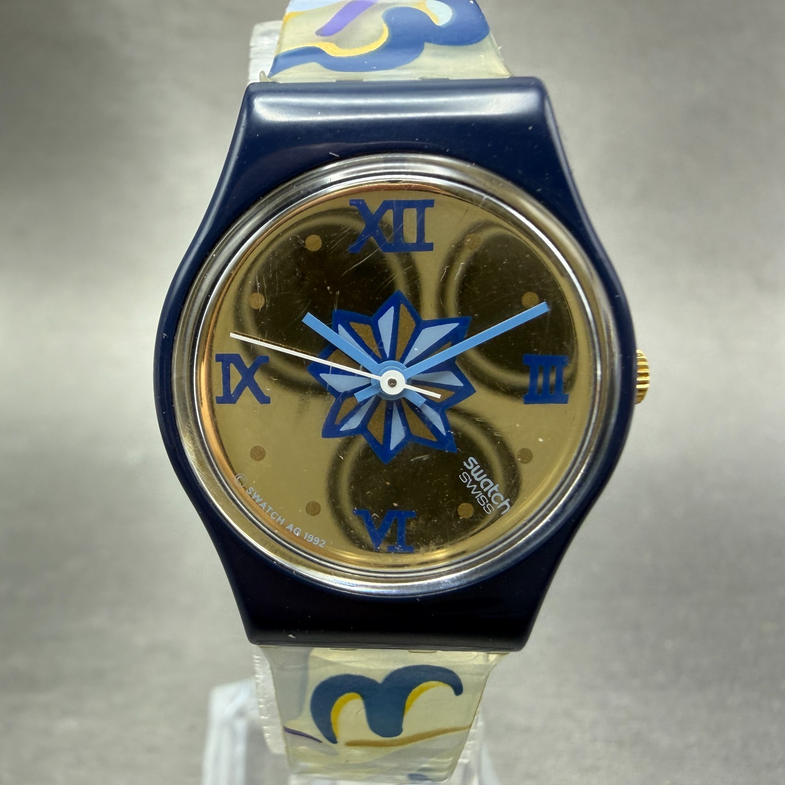 Swatch Mariana Watch Women 24mm Gold Dial Blue Tone Round LN118 New Battery