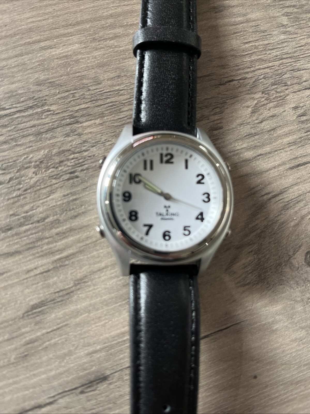 Talking Atomic Watch Leather Black Strap Silver Chrome head Loud And Clear Watch