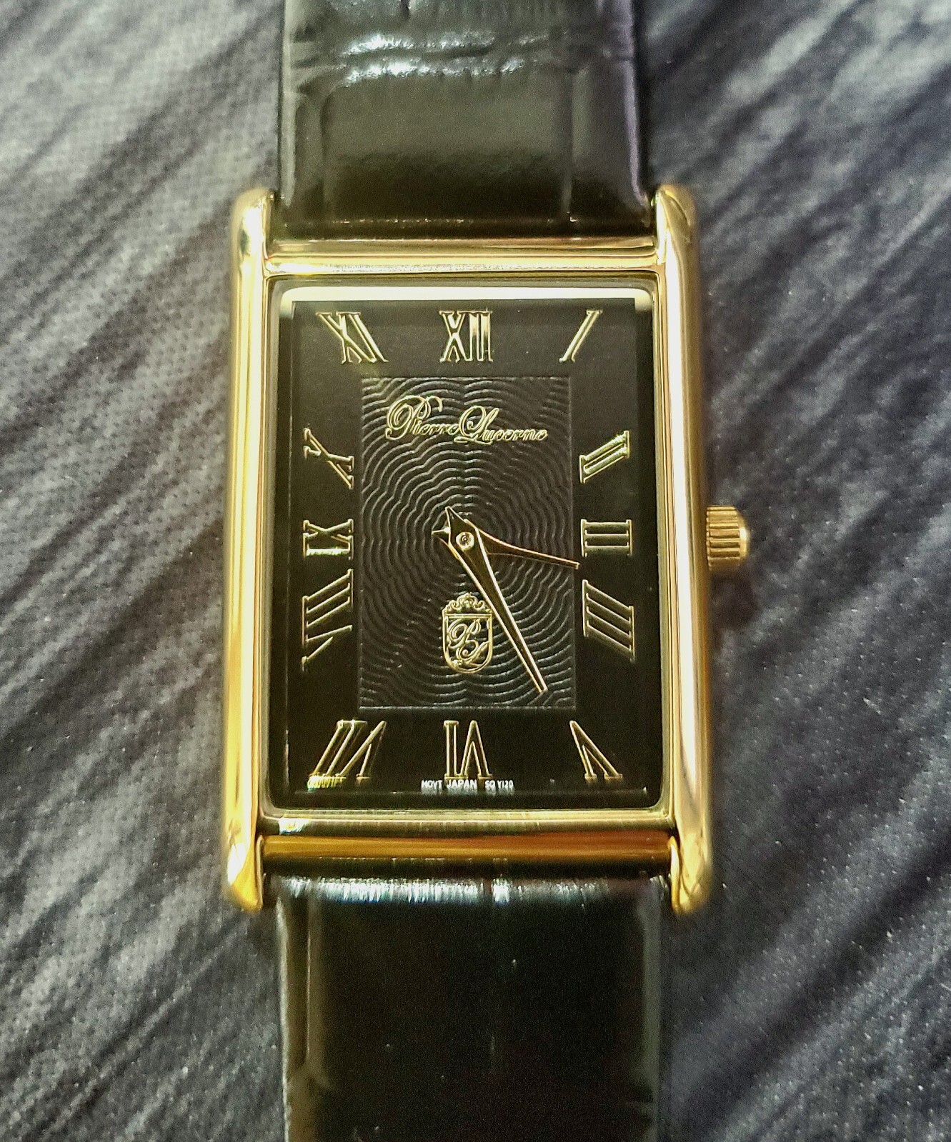Authentic Pierre Lucerne Slim Quartz Mens BLK Tank Dress Watch