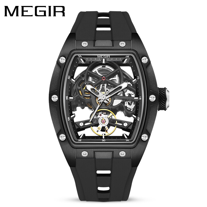 MEGIR Men’s Gift Tonneau Skeleton Tourbillon Luminous Automatic Mechanical Watch