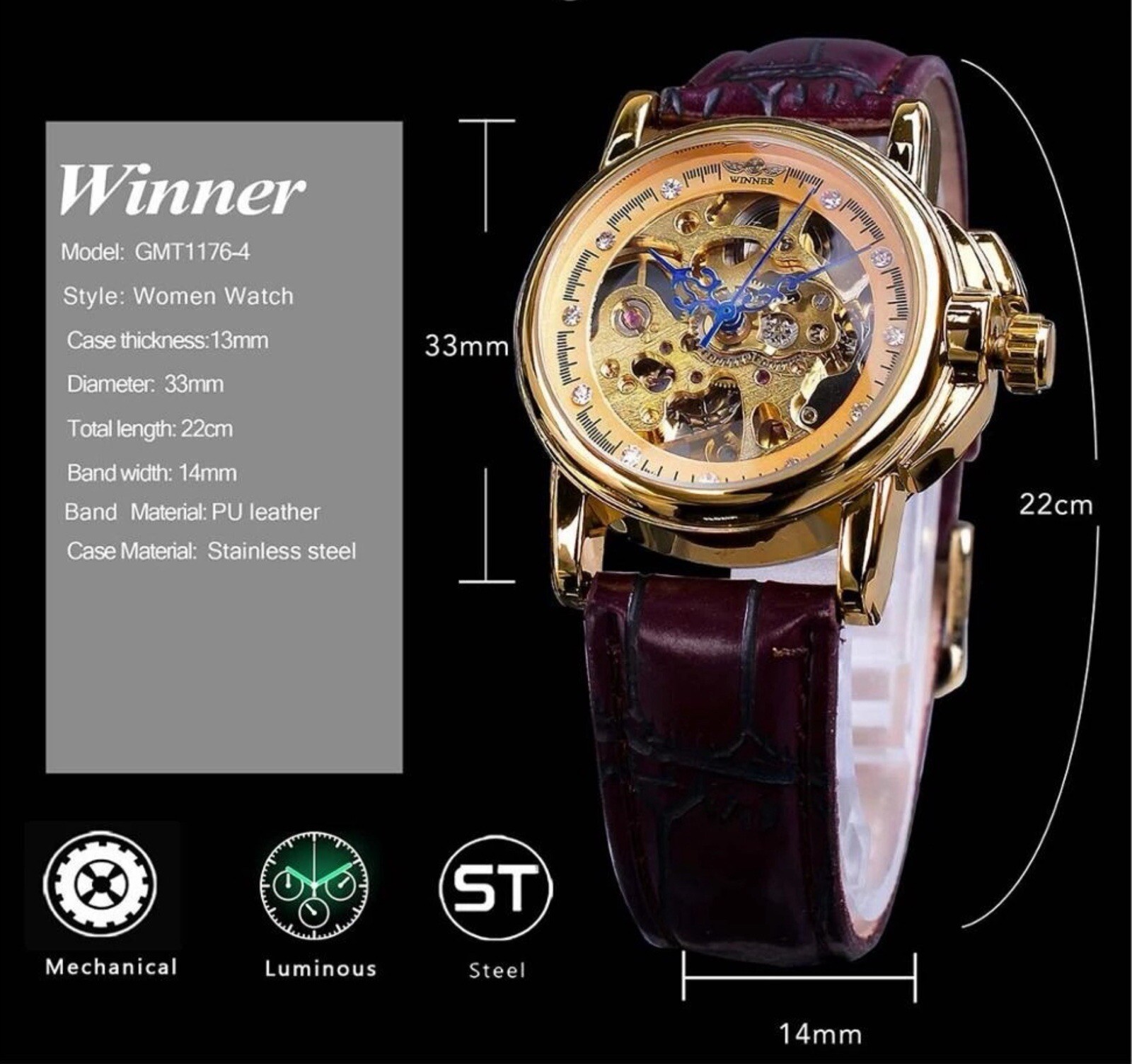 Womens Automatic Transparent Skeleton Luxury Leather Band Ladies Watch Gift Idea