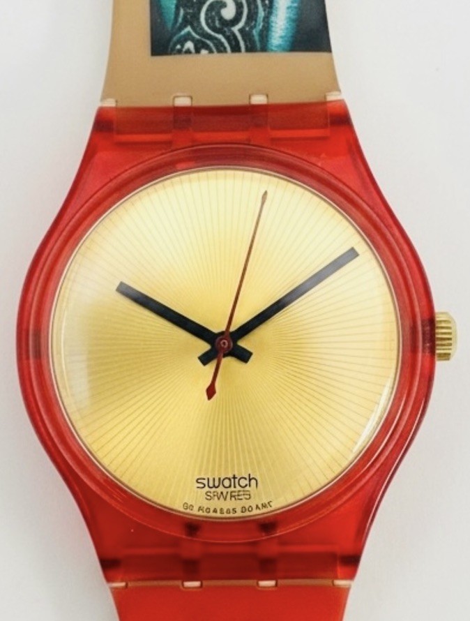 Swatch Watch KIMIKO GR123 1995 Standard Gents 34mm Mirror Gold Dial NOS