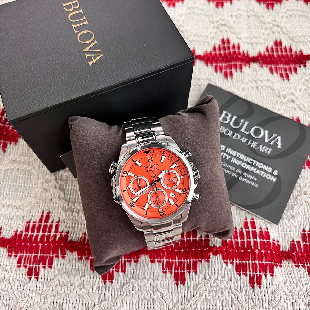 New Classic Bulova Marine Star 96B395 Orange Dial 43mm Chrono Quartz Men’s Watch