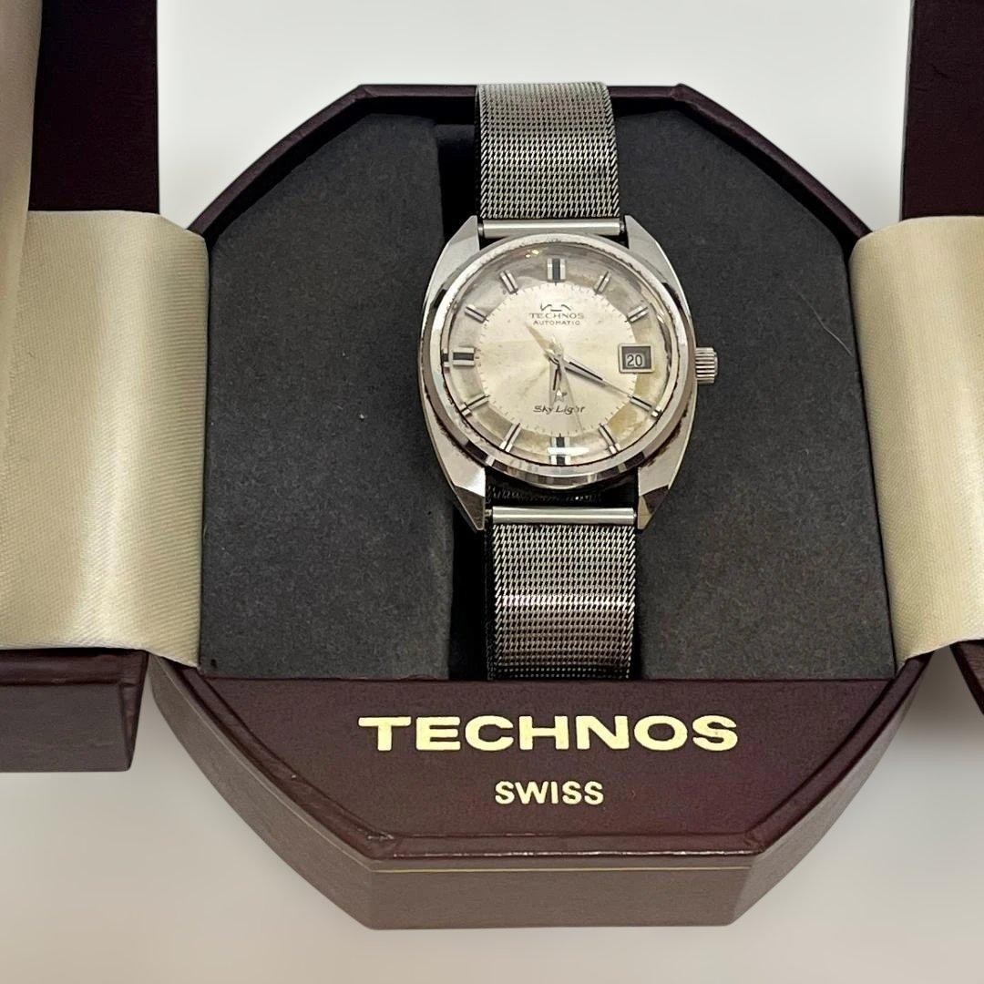Vintage Technos Sky Light Automatic Working Silver Mens Watch SS Japan w/Box