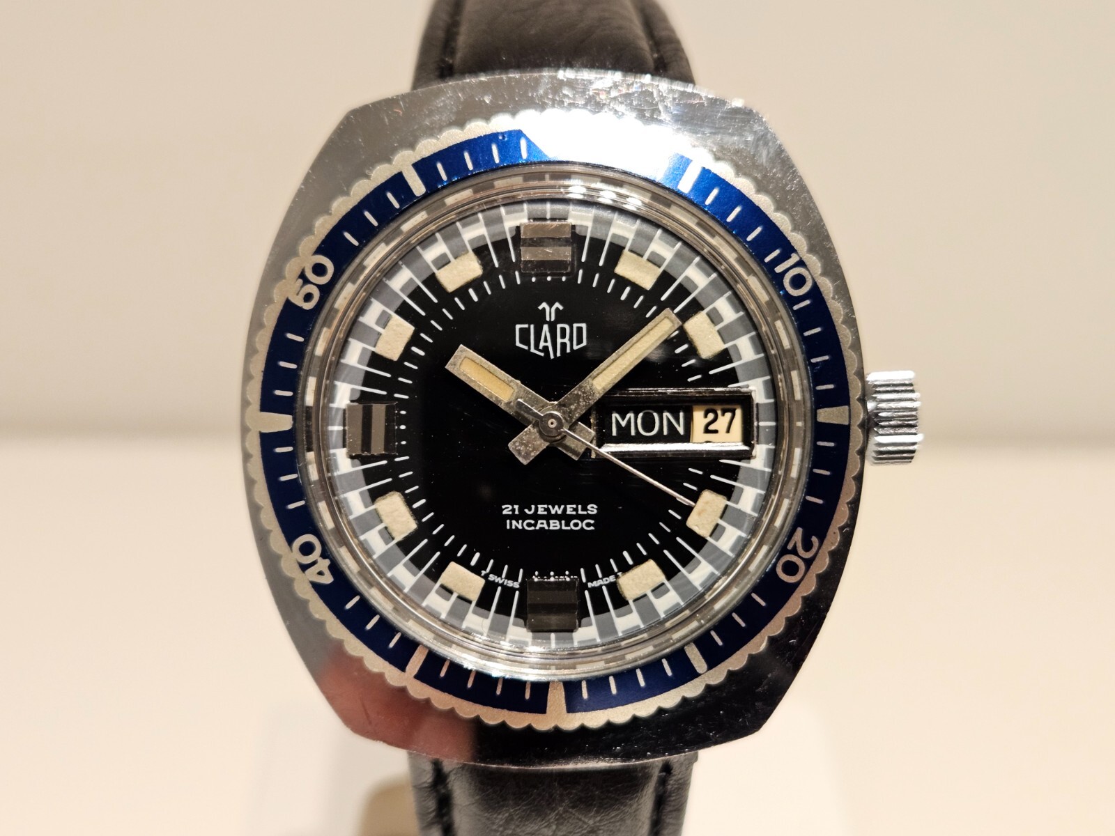 VINTAGE RARE DIVER SPORT STYLE SWISS MEN’S CHROMED MECHANICAL WATCH “CLARO” 17J.