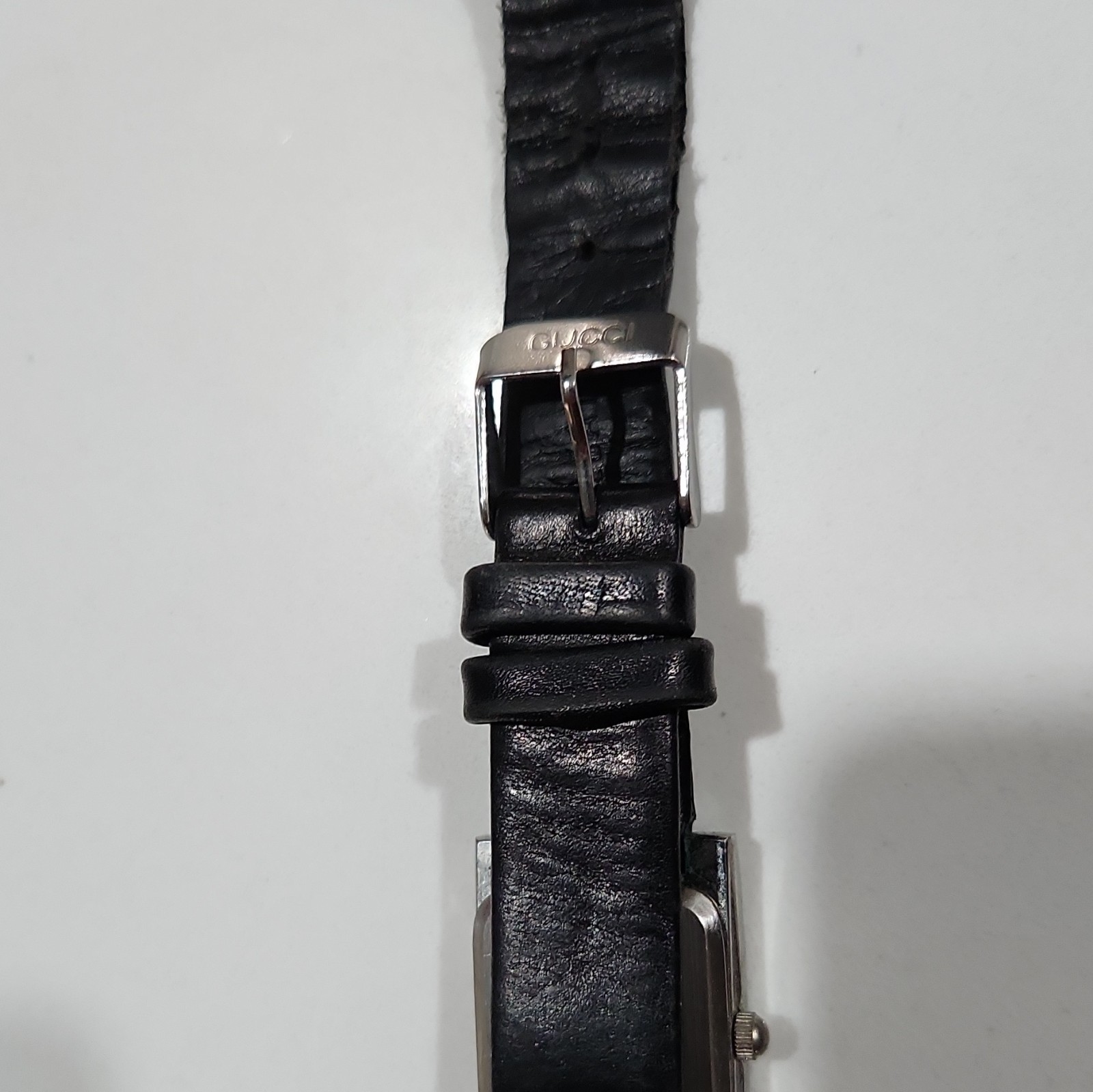 Gucci Rectangular Quartz Women’s Watch Silver Steel Case Black Leather Strap