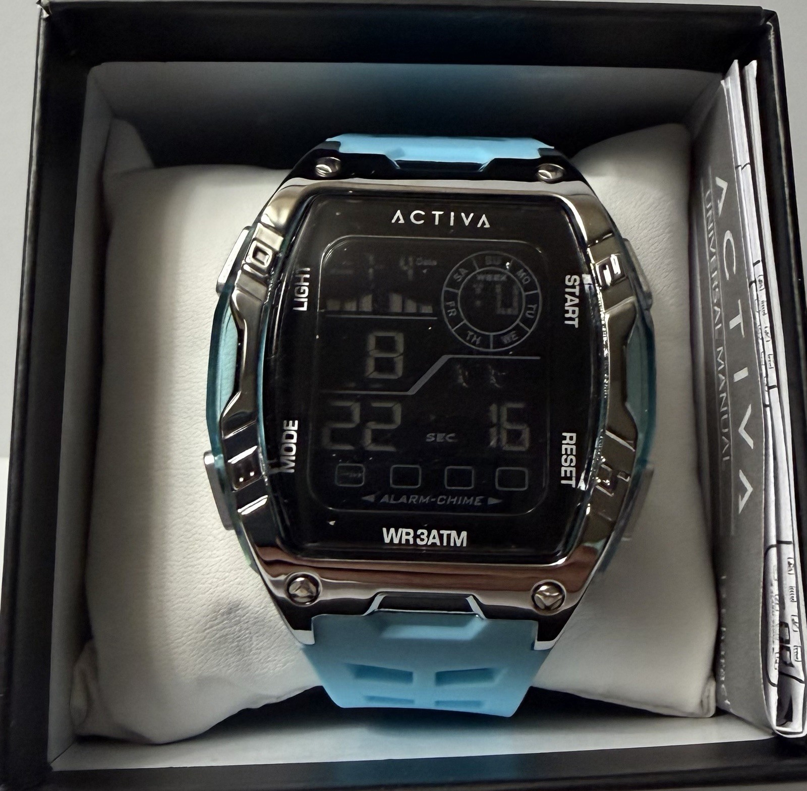 Activa ACW8130 Digital Quartz Sport Square Alarm Chrono Blue Silicone WR30m Box