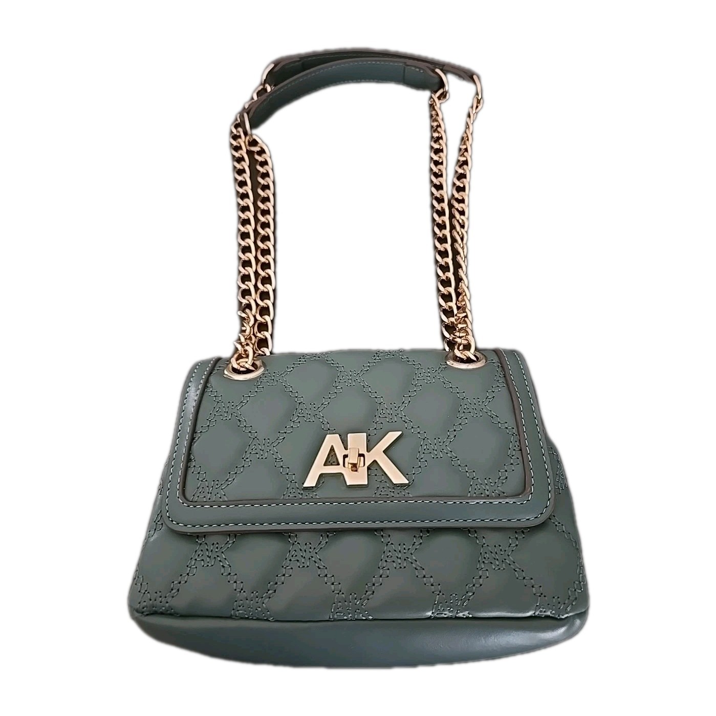 Anne Klein Shoulder Purse Quilted Design With Gold Accents 8″x6″ Green, NEW!