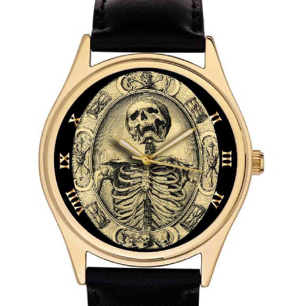 CRAZY SKULL & SKELETON TEMPUS FUGIT SYMBOLIC ILLUMINATI SOLID BRASS DRESS WATCH