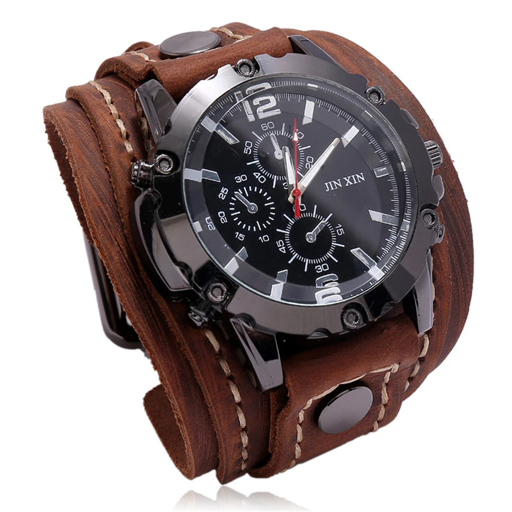 Black Brown Blue Men Pointer Quartz Watch Genuine Leather Strap Bracelet Vintage