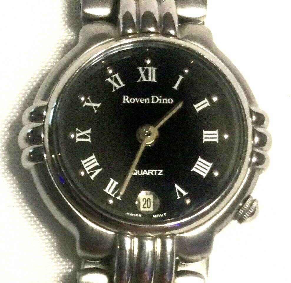 RARE LADIES ROVEN DINO SWISS WATCH Solid Stainless Black Dial & Silver Numerals