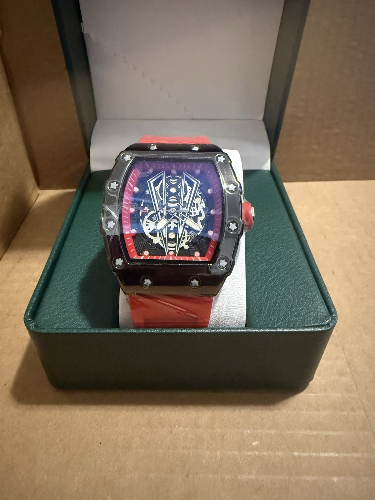 Men’s Tonneau Skeleton Analog Watch Black Case Red Rubber Strap w/ Box