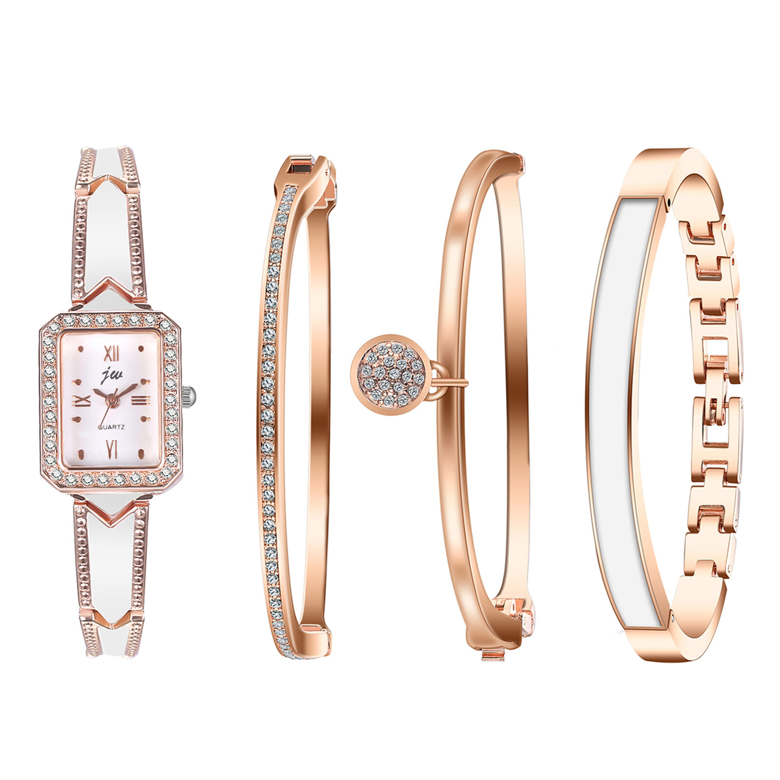 4Pcs Women Girls Elegant Square Quartz Bracelet Watch Bling Cuff Bangle Gift Set