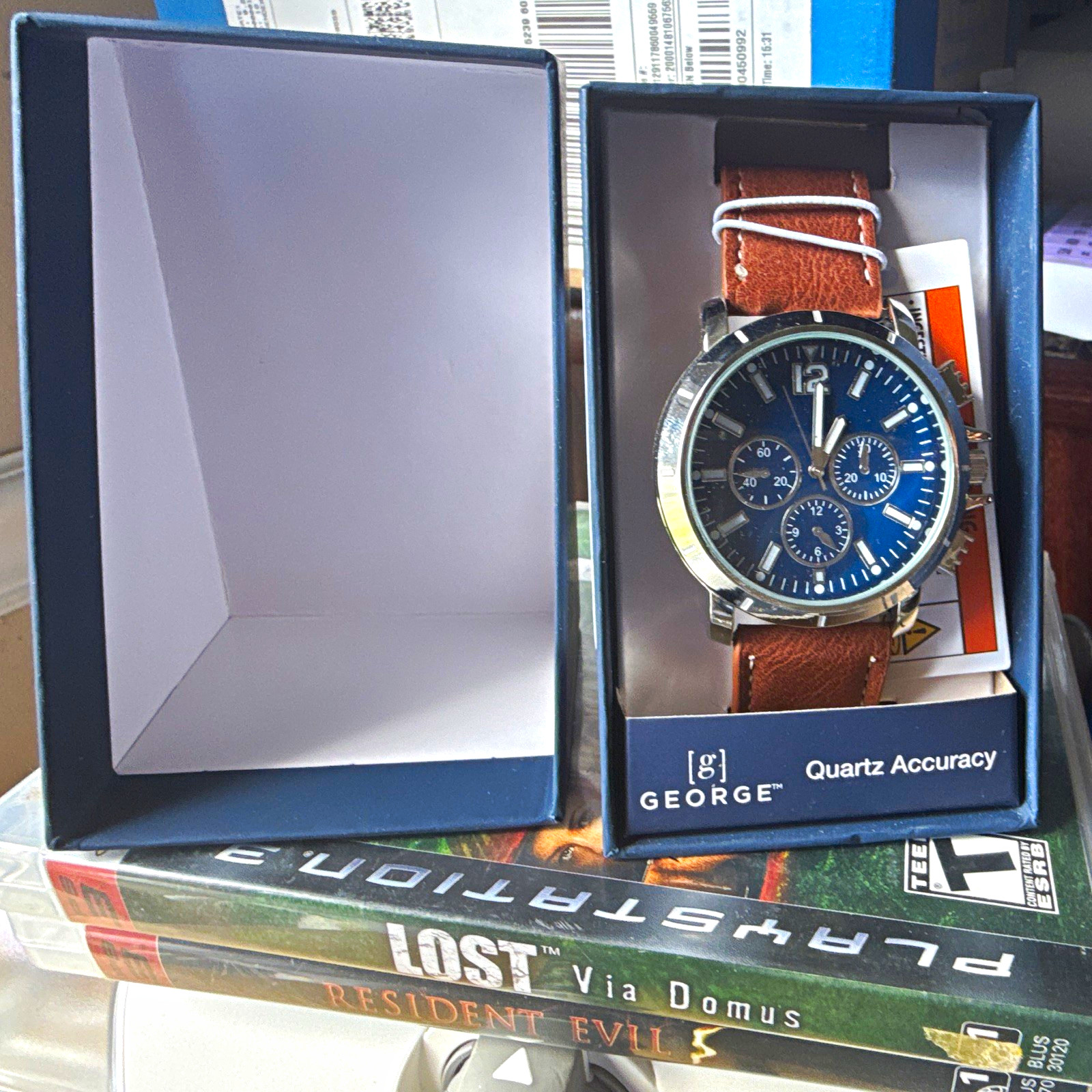 George Men’s Analog Quartz Watch Blue Dial Multi-Dial Brown Leather Strap Box