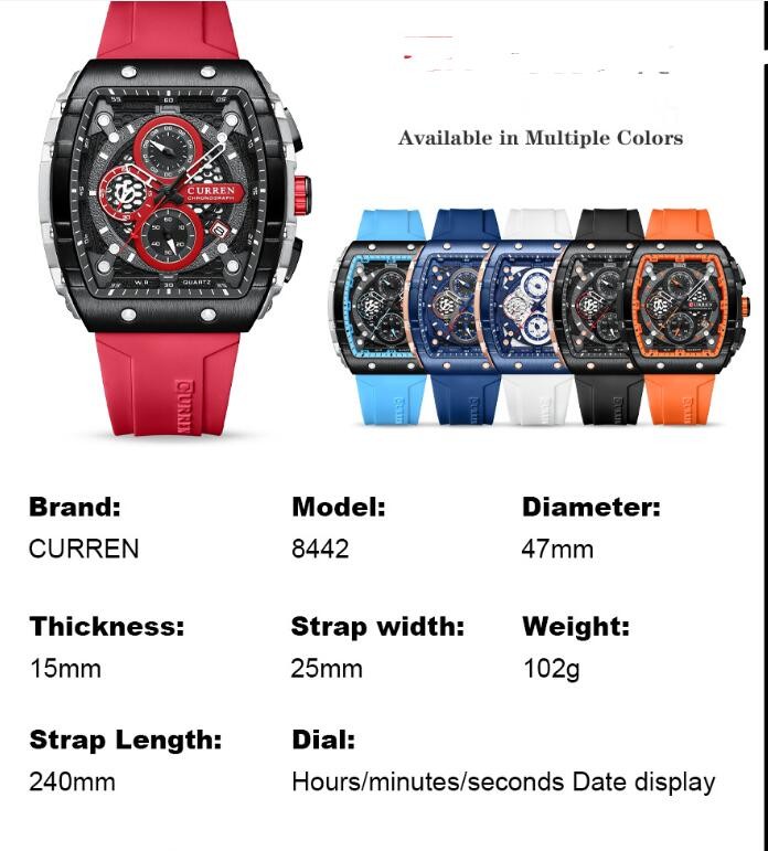 CURREN Men Sport Watch Rectangular Large Dial Hollow Skeleton Leather Waterproof