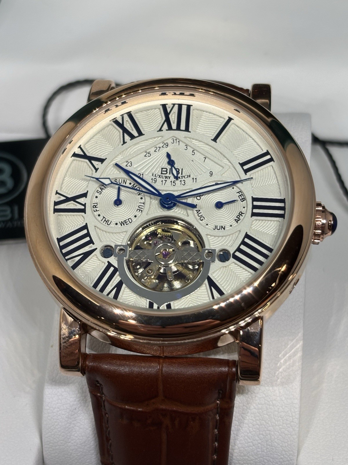 BIBI Automatic Tourbillon Rose Gold Roman Dial Leather Men’s Watch Box Papers