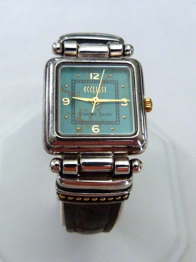 ECCLISSI SOLID STERLING SILVER TURQUOISE DIAL LEATHER BAND #22490 SR626SW WATCH