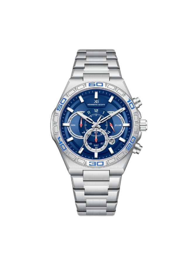 Kenneth Scott Men’s Chronograph Watch | Blue Dial, Silver Band, 43mm