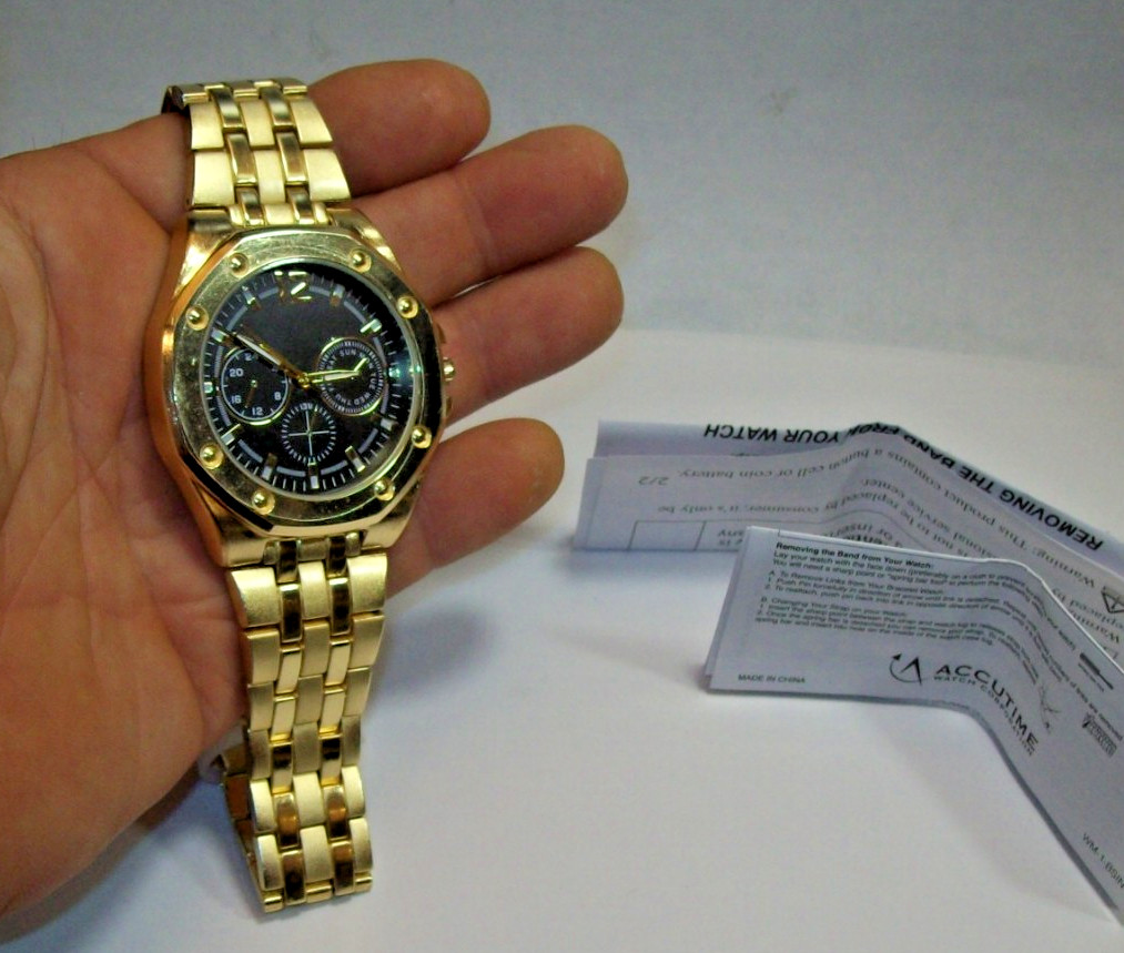 Accutime Mens Watch w/Push Button Deployant Band fits 8.50″ New w/papers