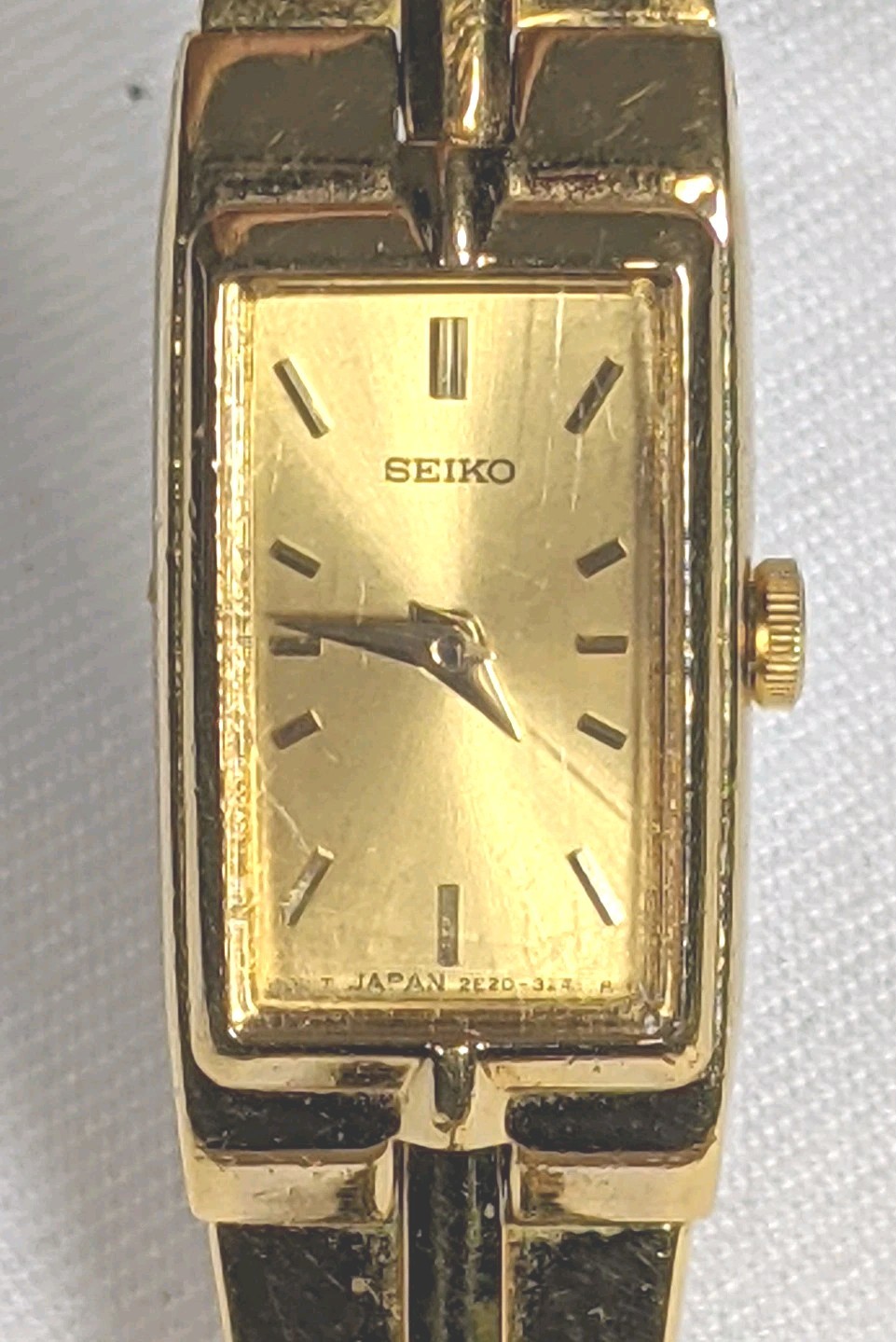 Seiko Watch Women 13mm Gold Dial Gold Tone Rectangle 2E20-7479 New Battery 1988