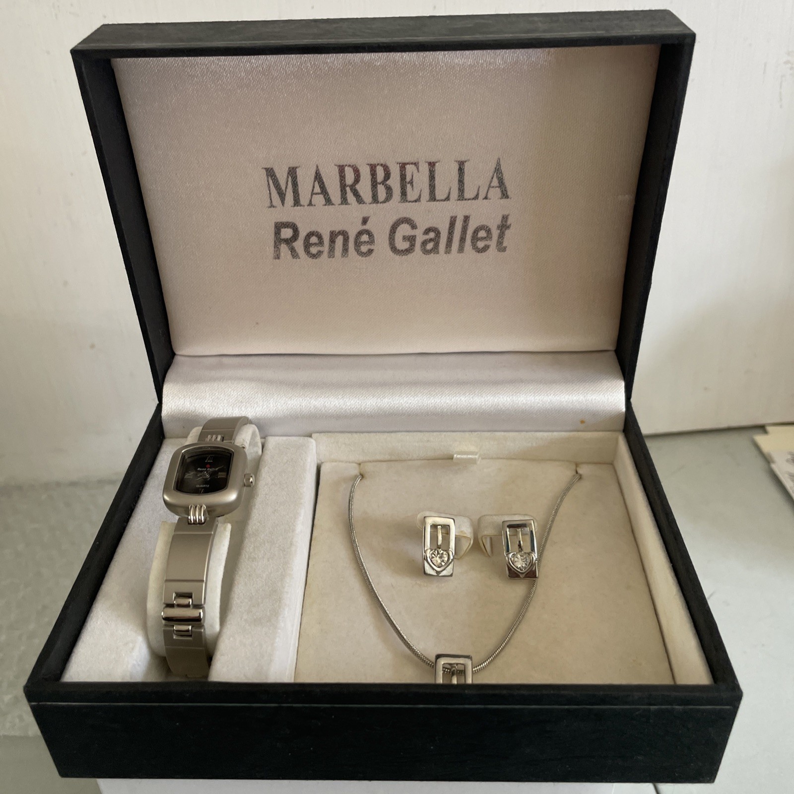 MARBELLA RENE GALLET LADIES WATCH NECKLACE EARRINGS BOXED SET IRION-GERMANY NEW