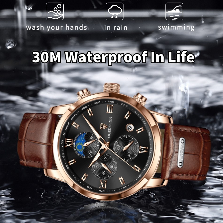 LIGE Men Watch Quartz Analog Luminous Date Waterproof Business Man Wristwatch