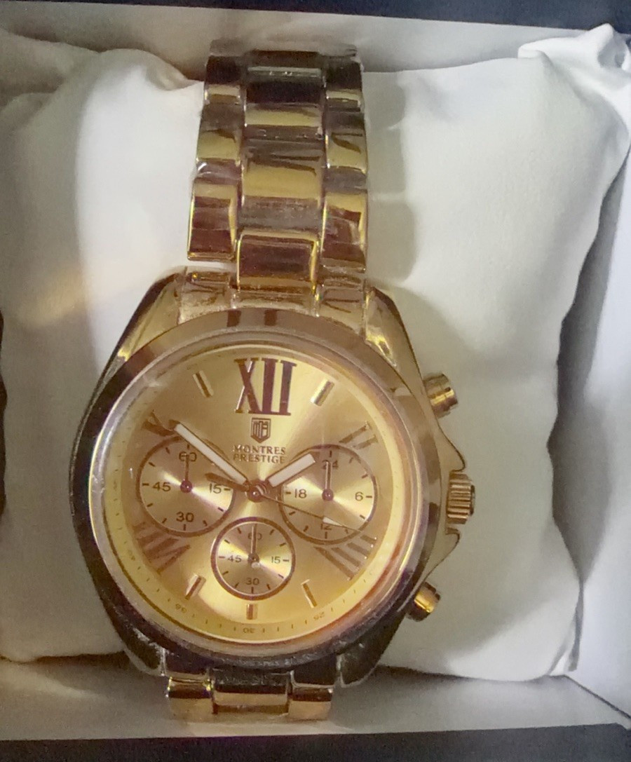 Montres Prestige Unisex Quartz Chronograph Gold Metal Bracelet Roman Dial Box