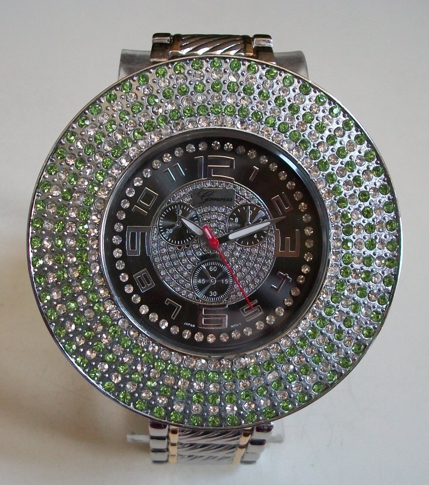 Men’s Clear & Green Bling Silver & Gold Finish Geneva Fashion Dressy Watch