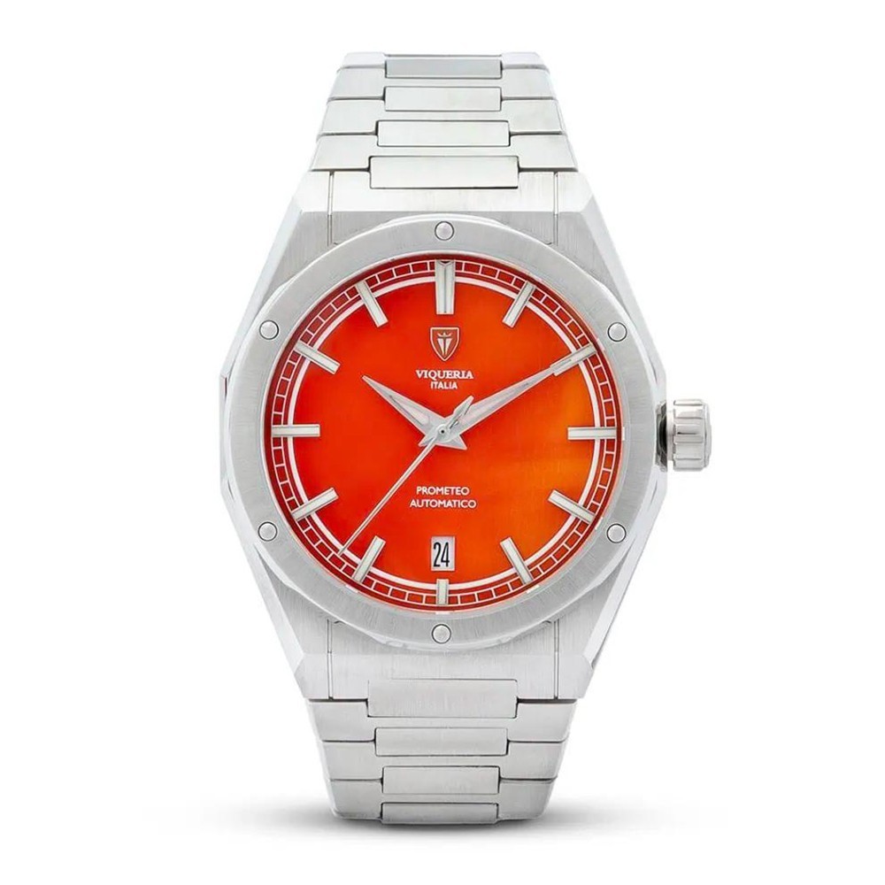 Viqueria Prometheus Agate Automatic Red Steel Date Stone Men’s Watch