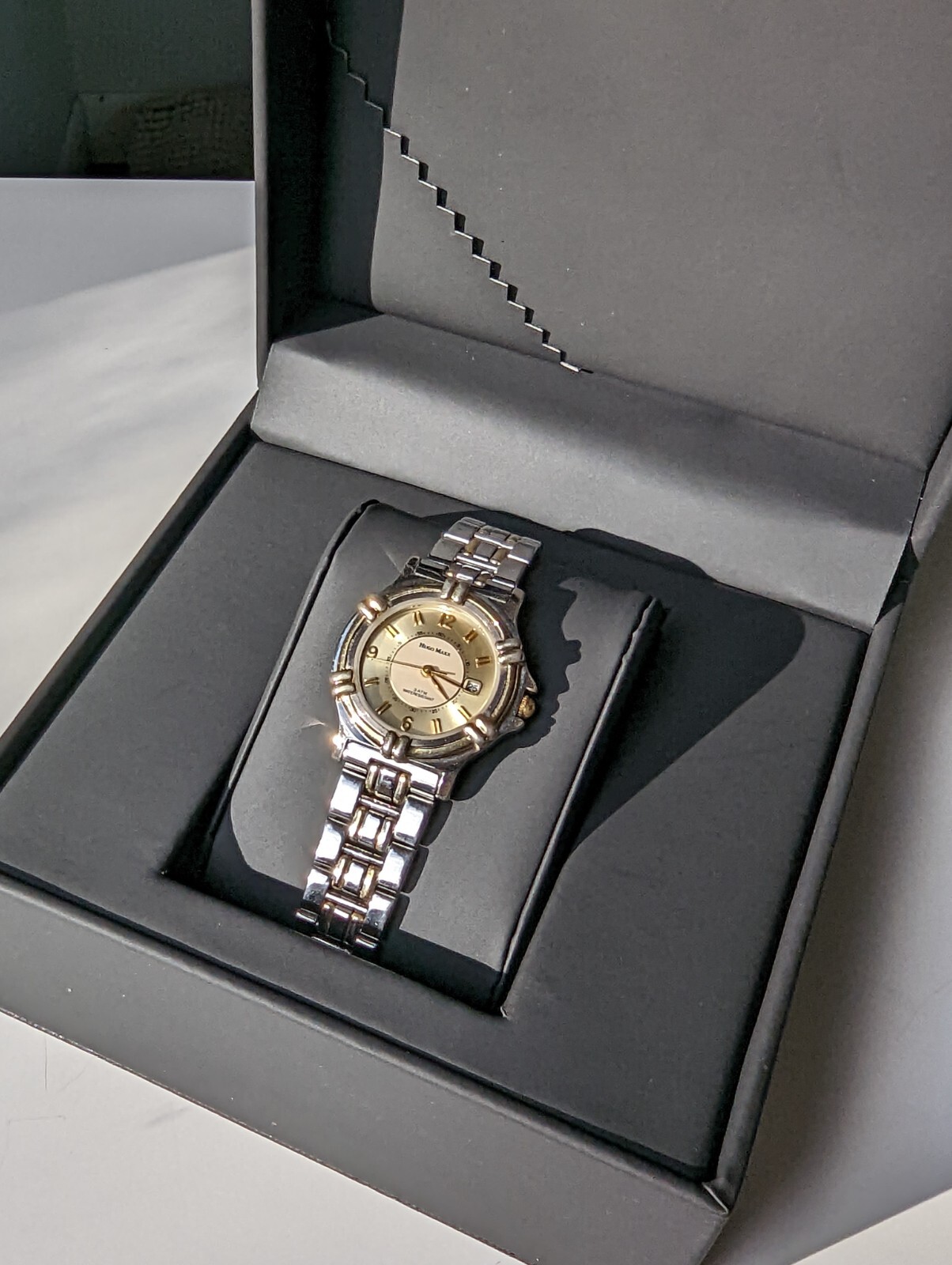 HUGO MAX 18K Gold Plated Watch w/SS Bracelet Link Band New Battery- WORKS