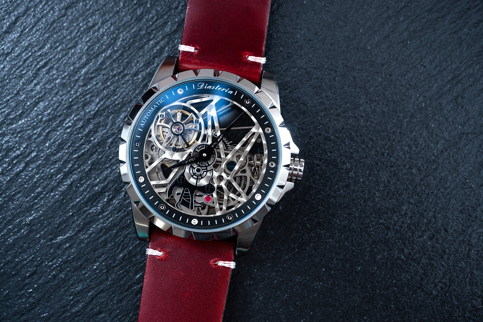Mens Silver Automatic Mechanical Watch Dark Red Oil Waxed Leather Strap Gift