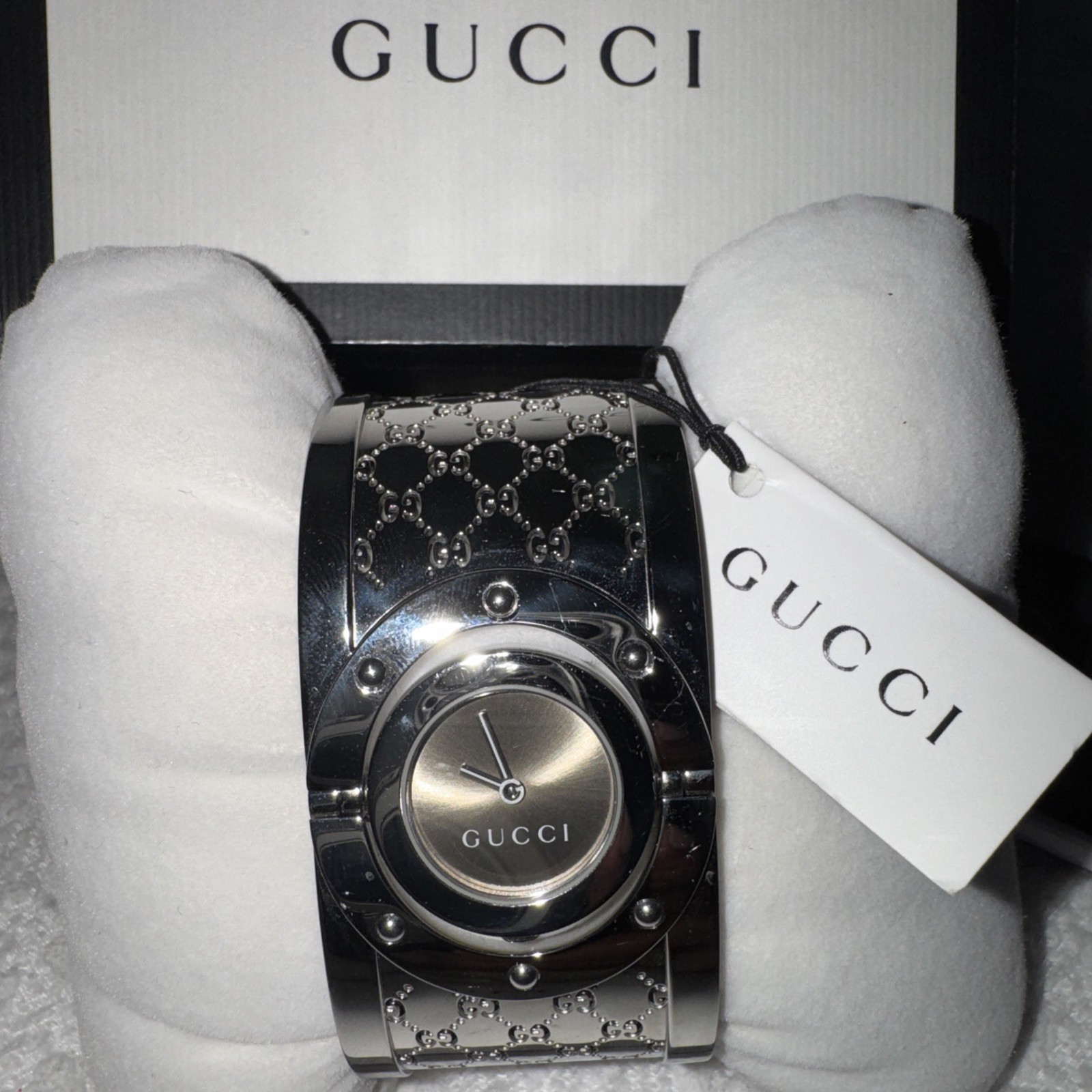 Gucci Twirl GG Brown Dial Silver Bangle Watch YA112401