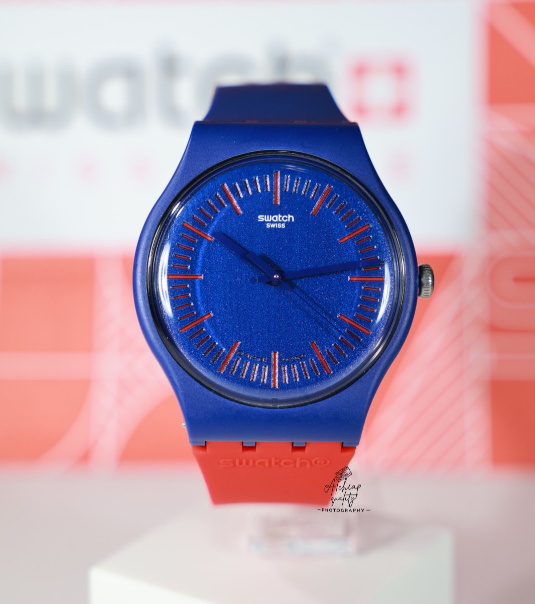 New Swiss Limited Swatch BluenRed 41MM SUON146 Navy Blue Red WristWatch Unisex