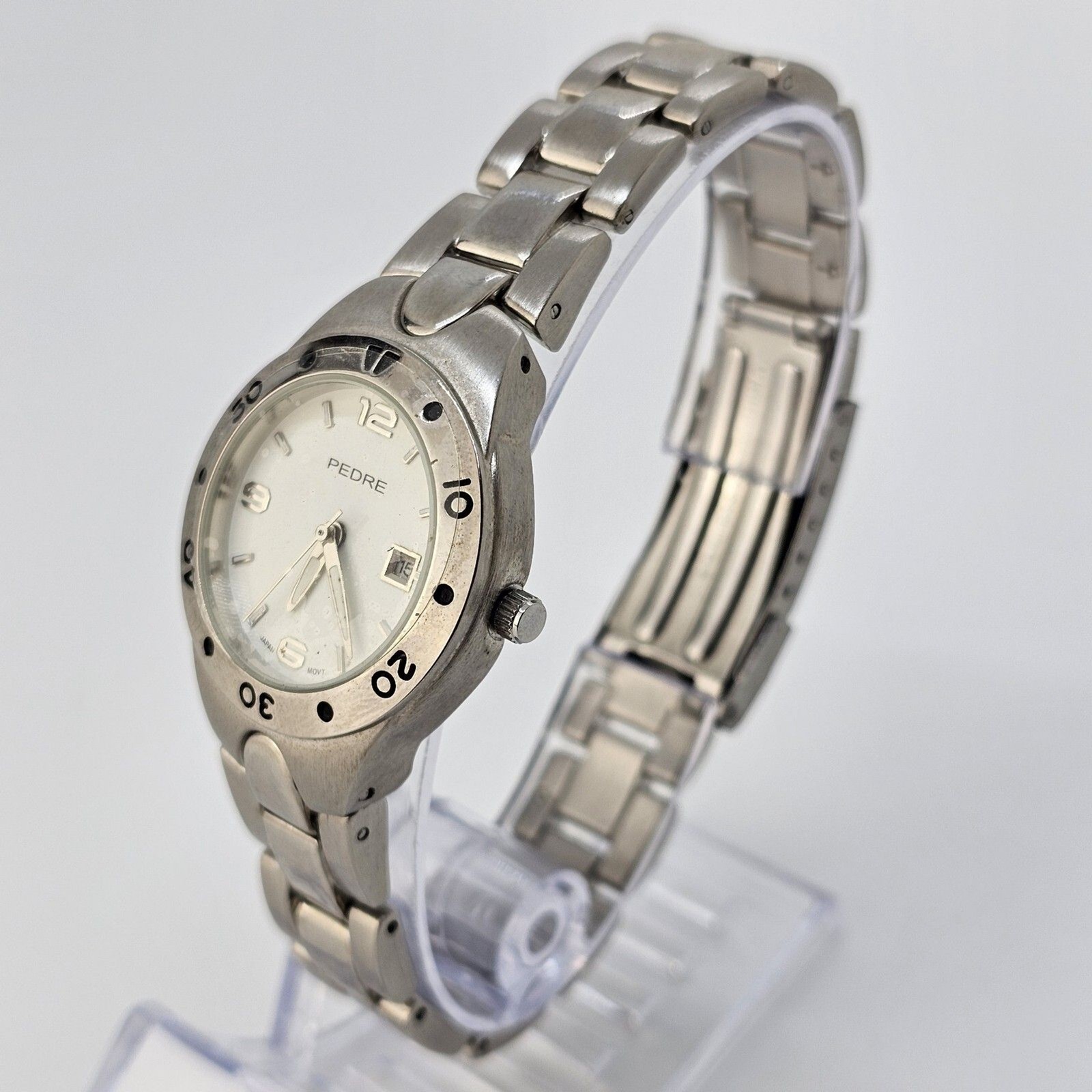Pedre Women’s Watch 30MM White Dial Gray Case Bracelet Band Date 7″ New Battery