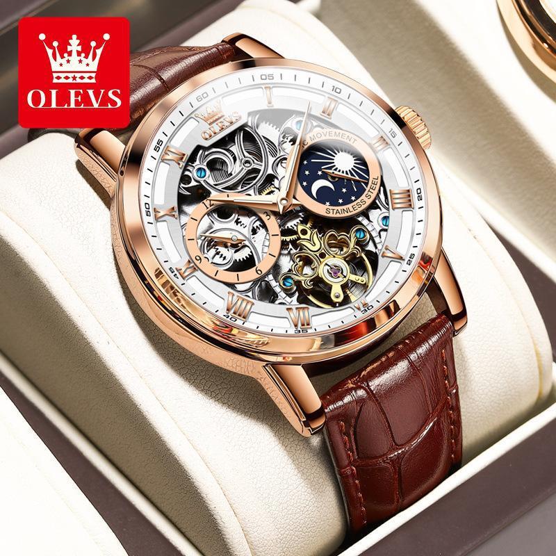 OLEVS Skeleton Self-Wind Automatic Mechanical Mens Watch Leather Band Moon Phase