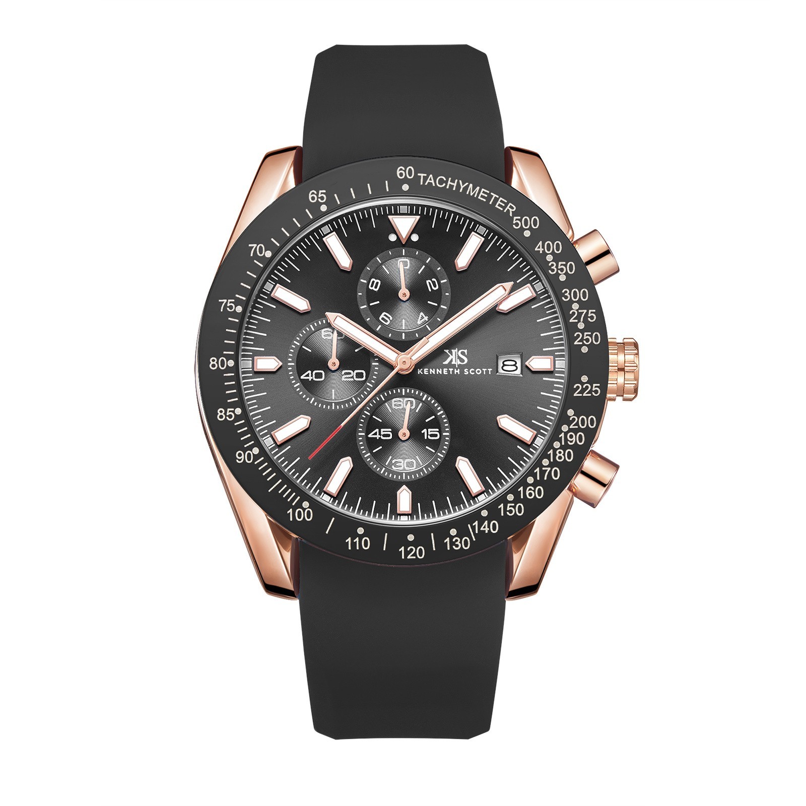 Kenneth Scott Men’s Chrono & Multi Function Watch | Black Dial, Rose Gold Case