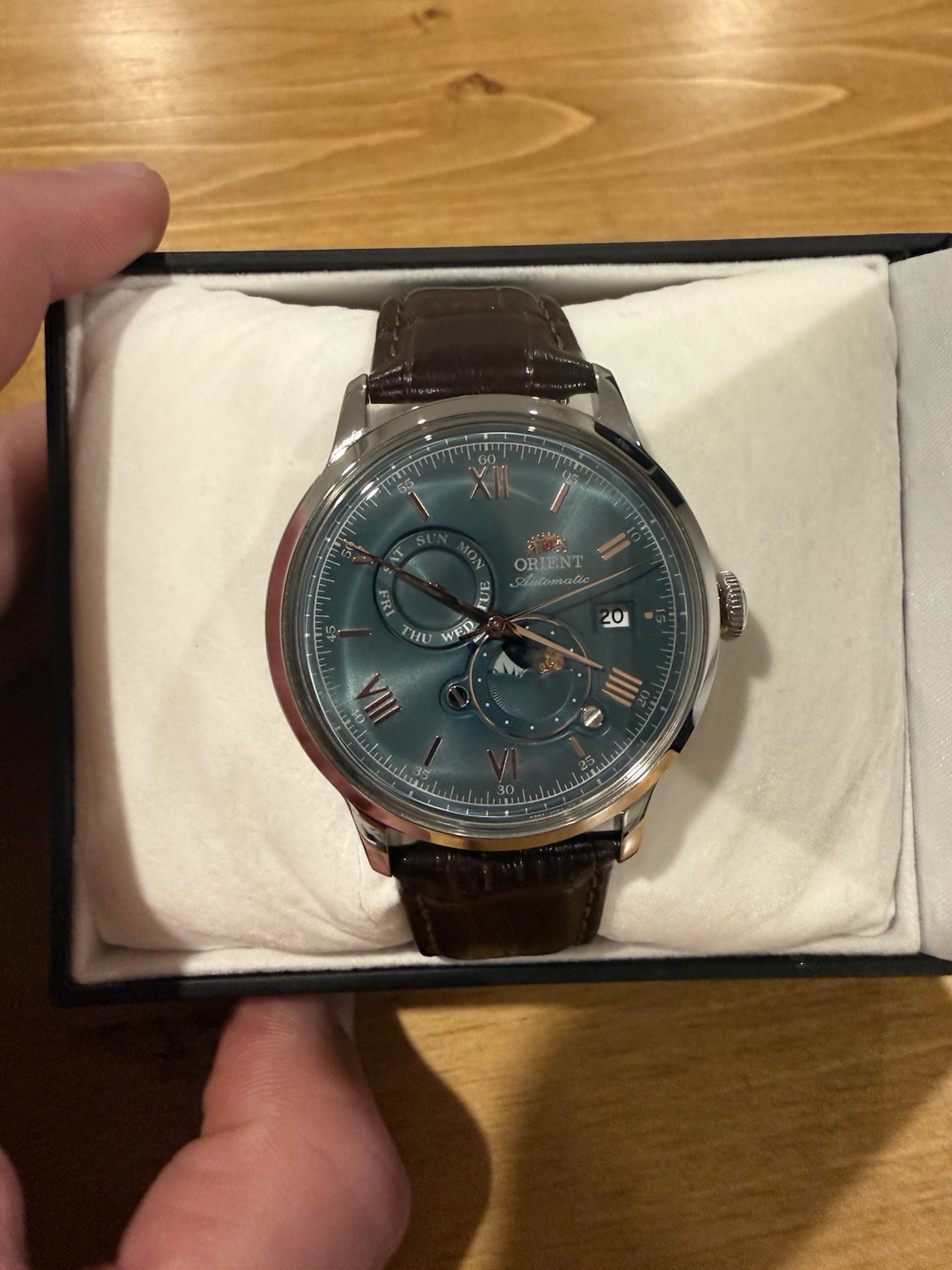 Orient Bambino Version 9 41.5mm Day-Night Green with Rose Gold RA-AK0805E30B