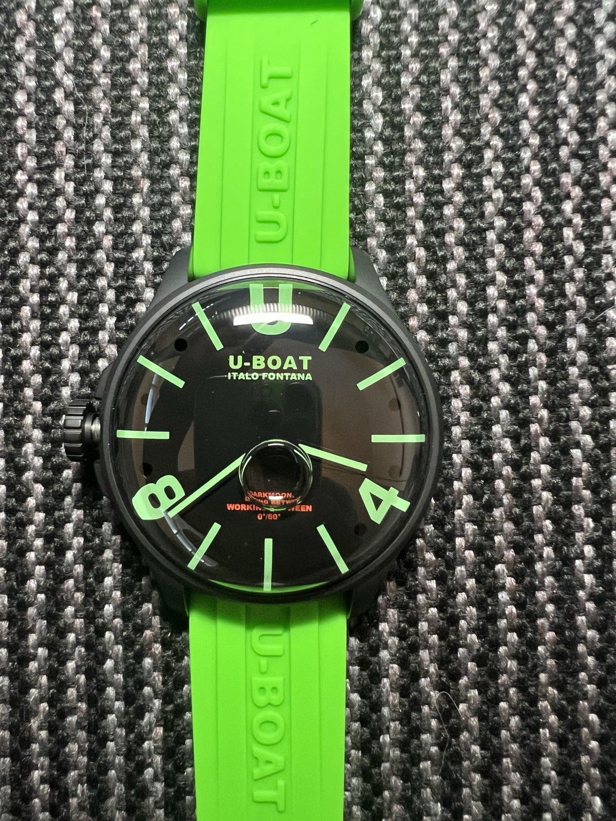 New U-Boat DARKMOON 44MM BK Green PVD Rubber Band Men’s Watch 9534