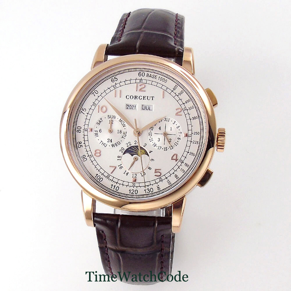 Corgeut 42mm Silver/Rose Gold Automatic Mens Watch Day Date Month Year Day/Night