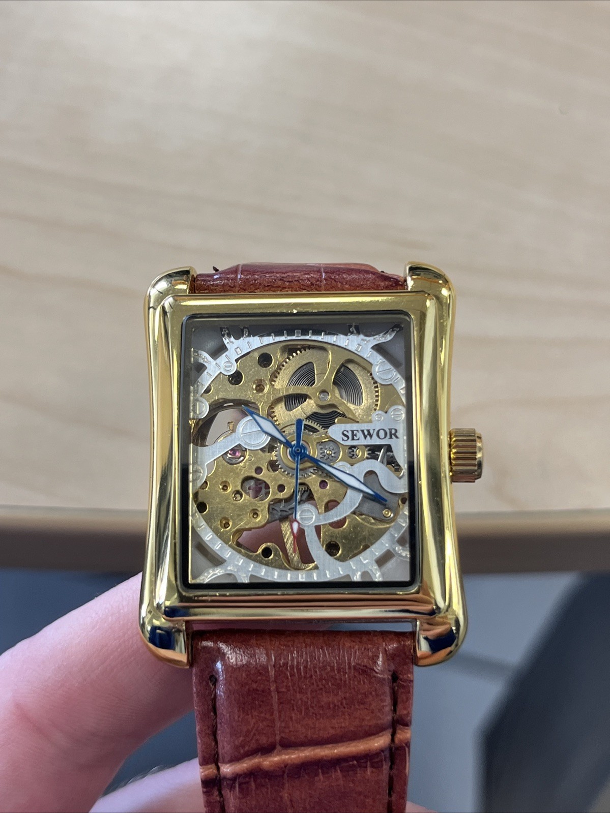 SEWOR Men’s Mechanical Skeleton Transparent Style Leather Wrist Watch