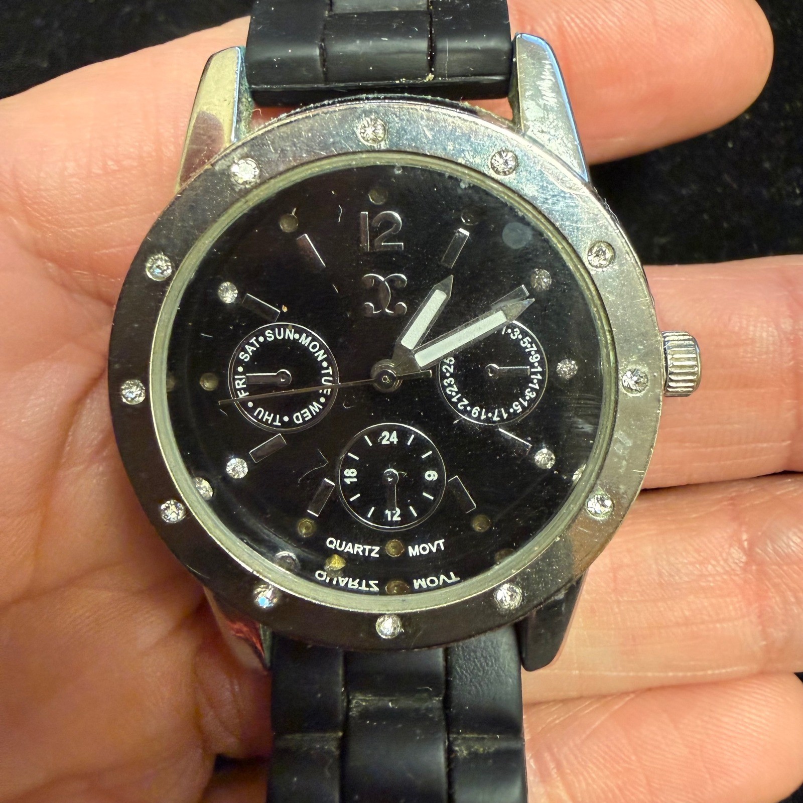 Quartz Multi-Function Watch Black Dial Crystal Bezel Black Rubber Strap No. 2201