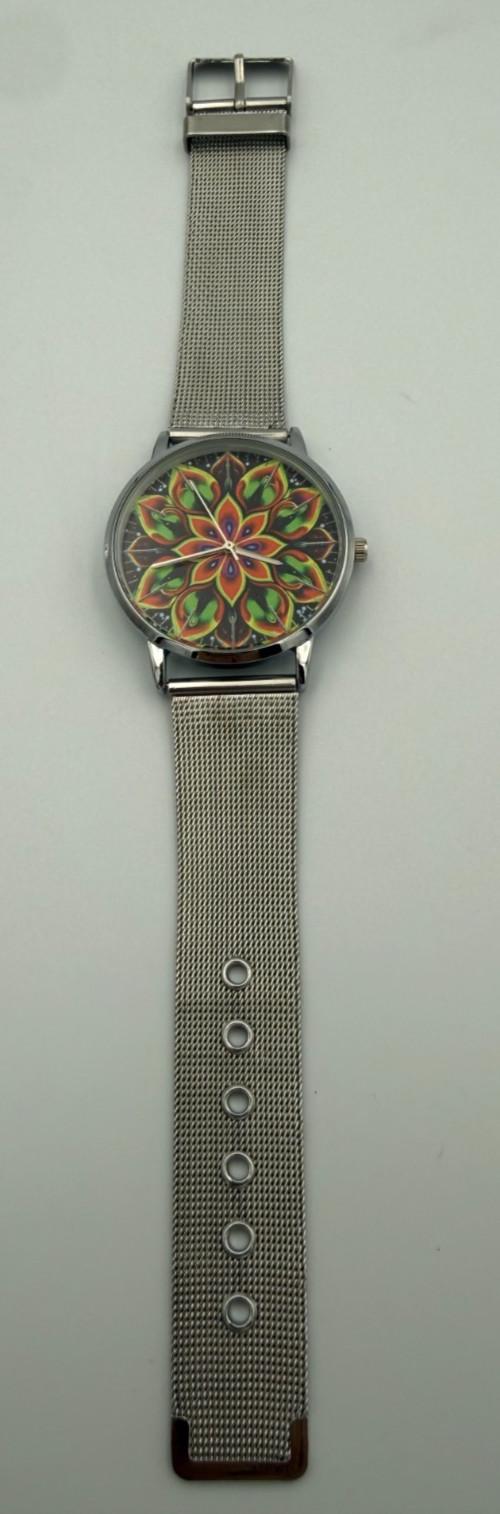 JUSHIKE Women’s Quartz Watch Silver Mesh Band Multicolor Mandala Dial New