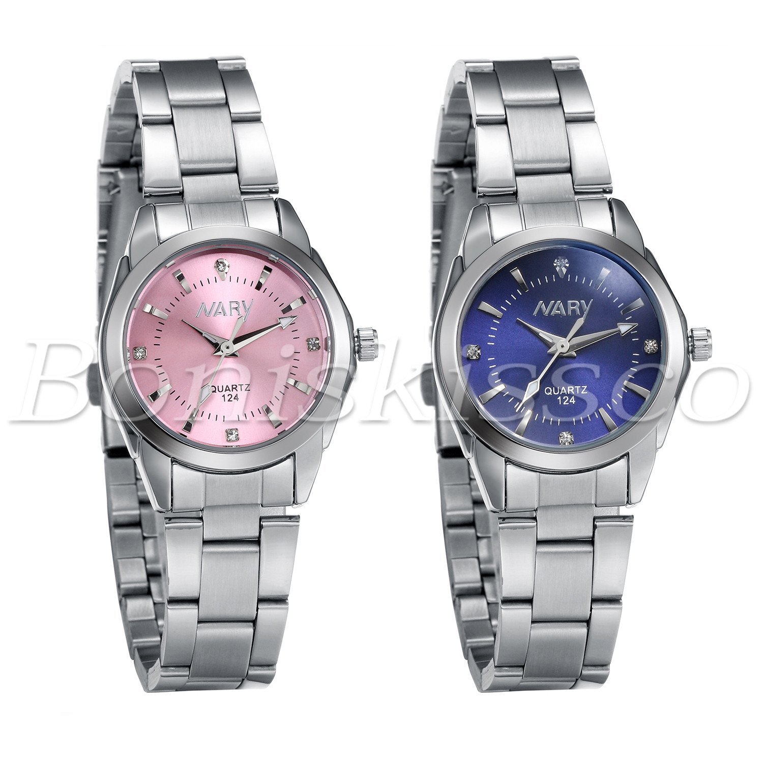 Women Silver Tone Rhinestone Stainless Steel Butterfly Buckle Quartz Wrist Watch